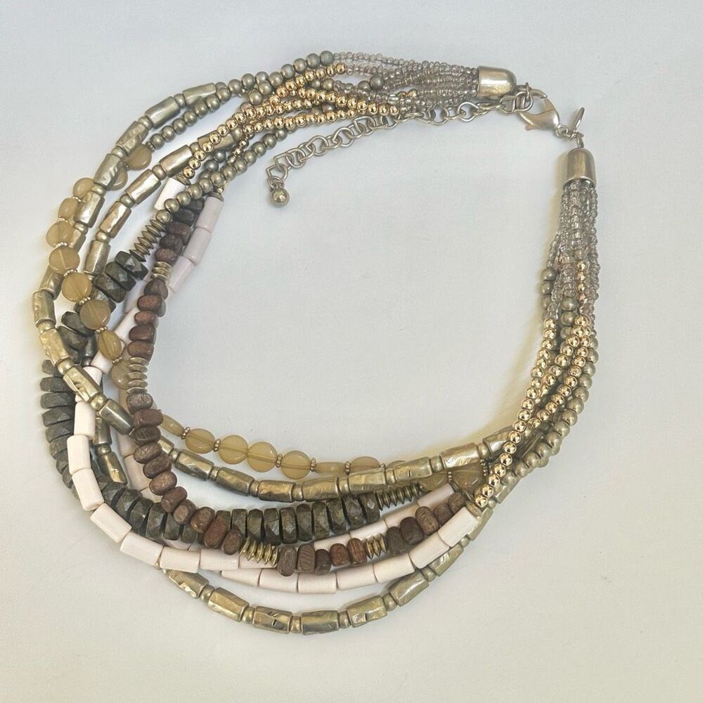 Chico’s Brown Grey cream Multi strand Statement necklace - Picture 6 of 9